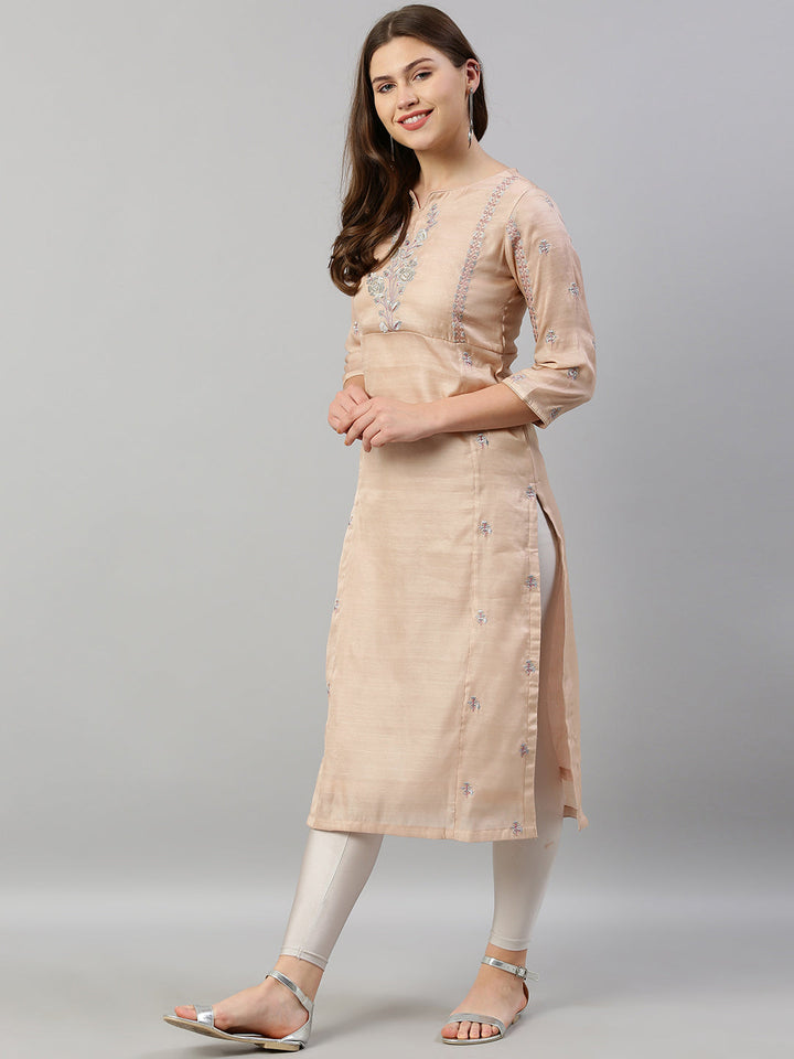 Neerus Pink silk embroidered straight kurti - detail view 4
