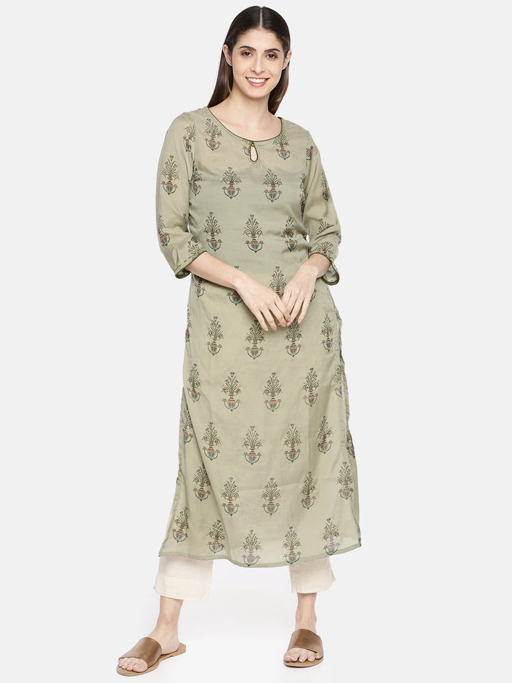 Neerus Green Muslin Printed Straight Kurta - front view