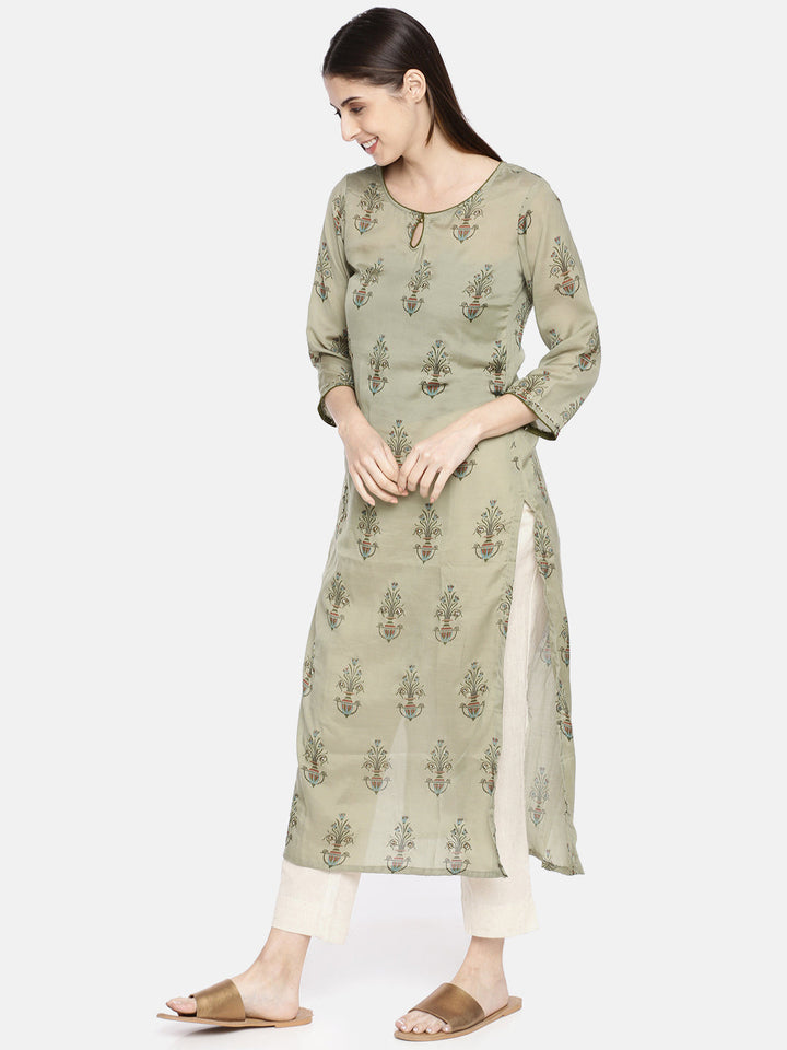 Neerus Green Muslin Printed Straight Kurta - side view