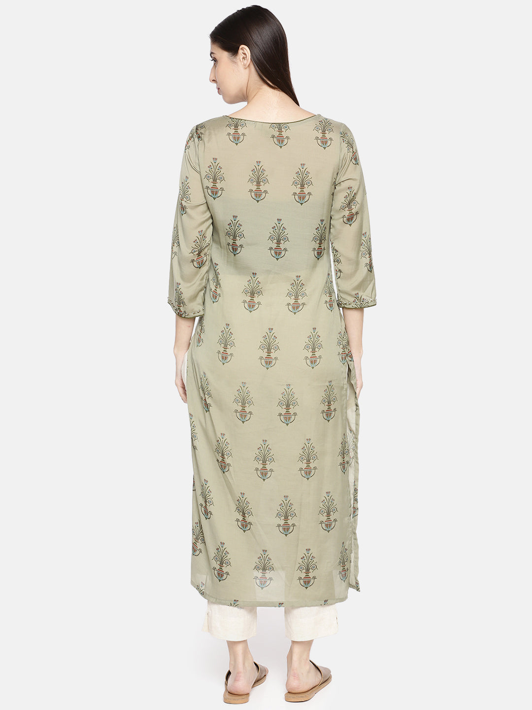 Neerus Green Muslin Printed Straight Kurta - detail view 1