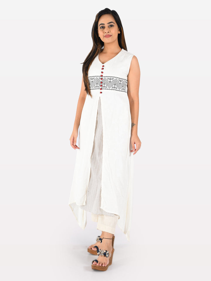 Neerus White Jacquard Woven Asymmetric A-Line Kurta - front view