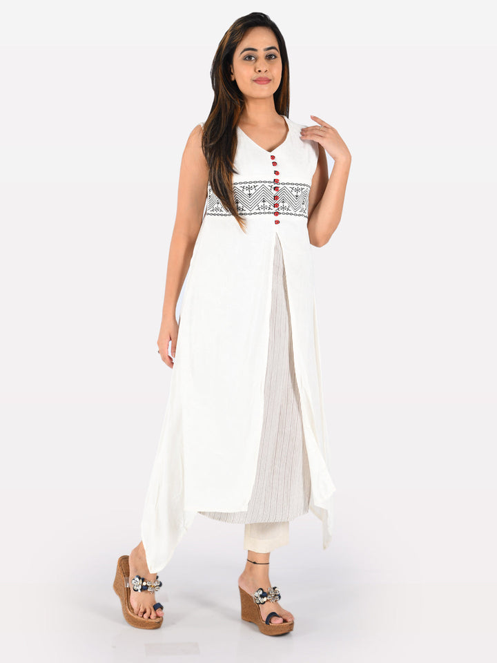 Neerus White Jacquard Woven Asymmetric A-Line Kurta - side view