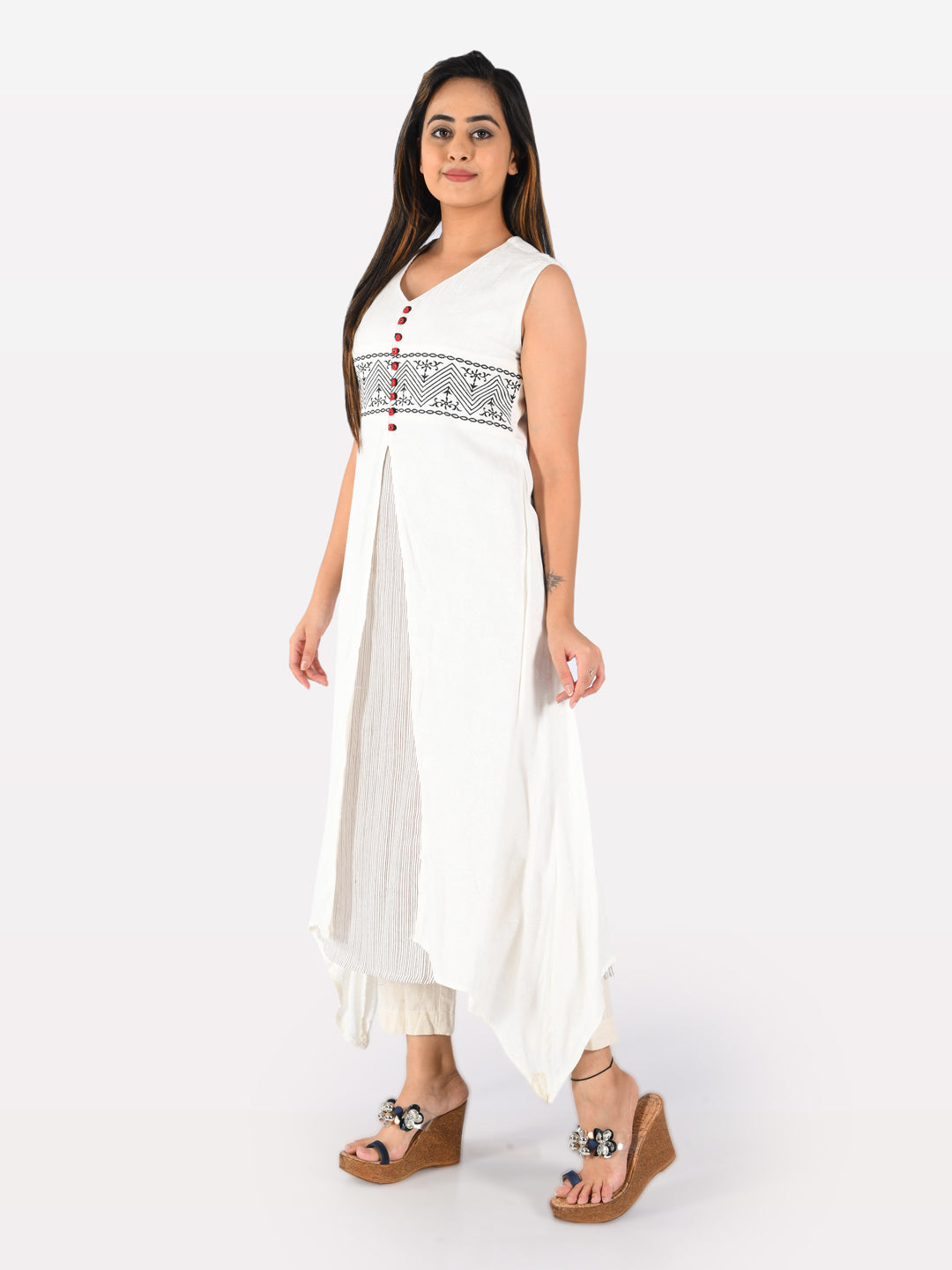 Neerus White Jacquard Woven Asymmetric A-Line Kurta - detail view 2
