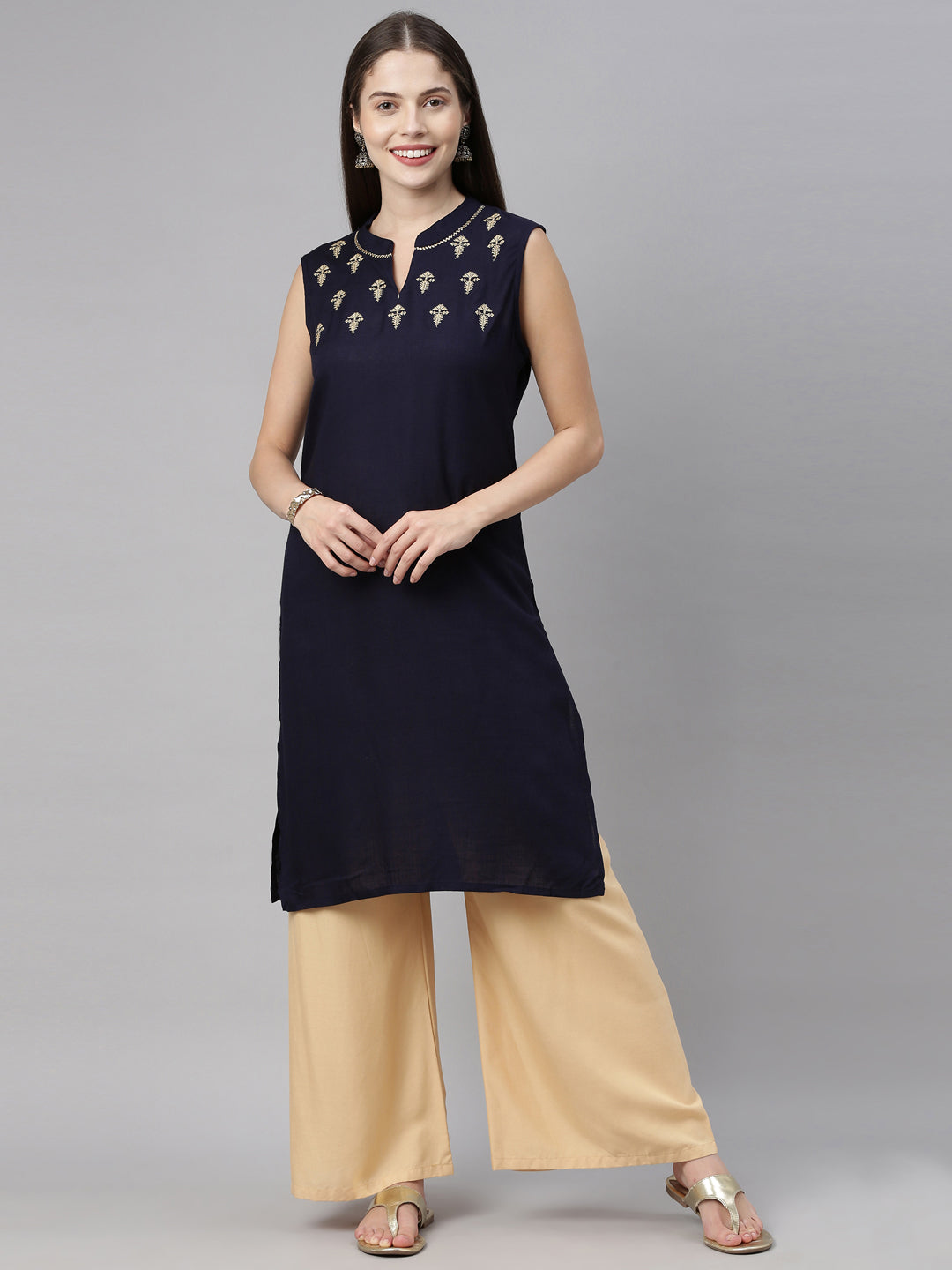 Neerus Blue embroidered straight kurta - front view