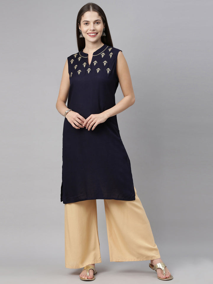 Neerus Blue embroidered straight kurta - front view