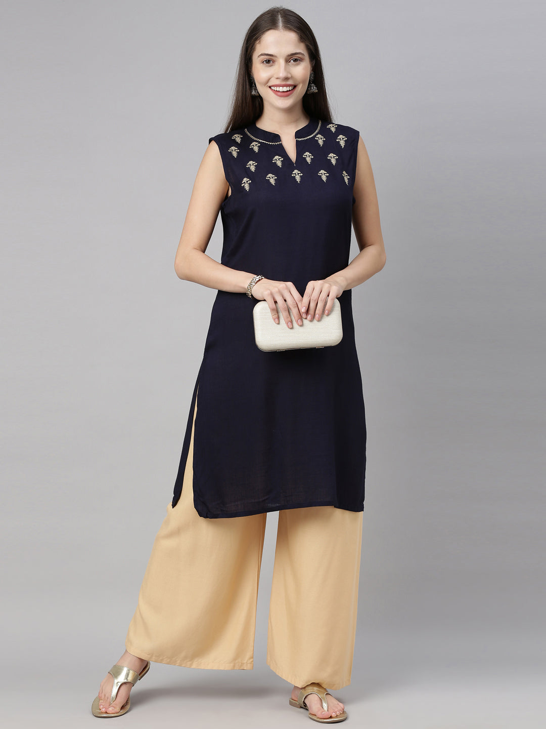 Neerus Blue embroidered straight kurta - detail view 4