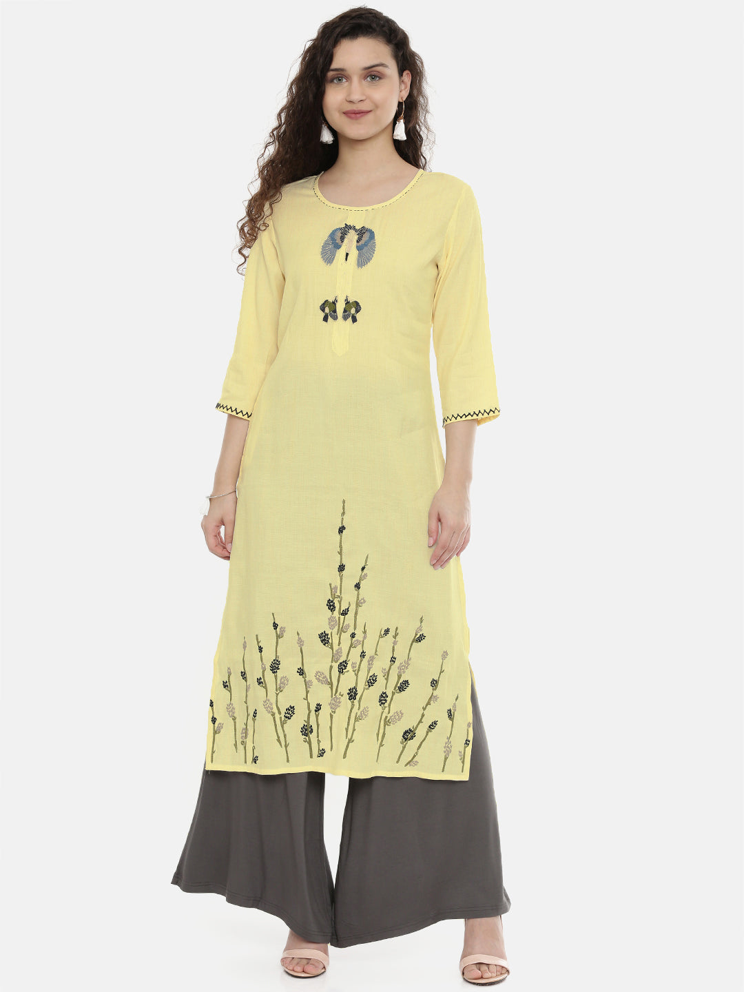 Neerus Yellow embroidered straight kurti - front view