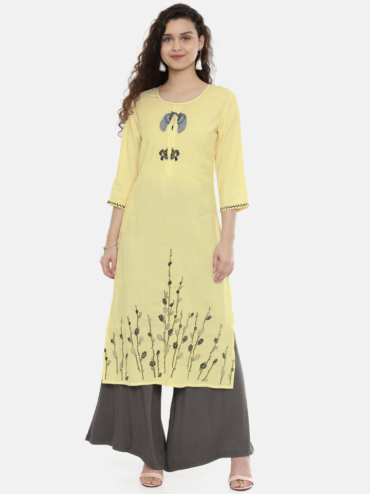 Neerus Yellow embroidered straight kurti - front view
