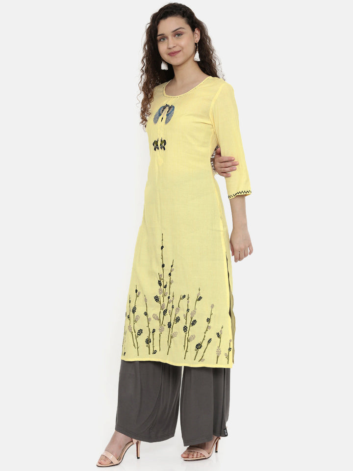 Neerus Yellow embroidered straight kurti - back view