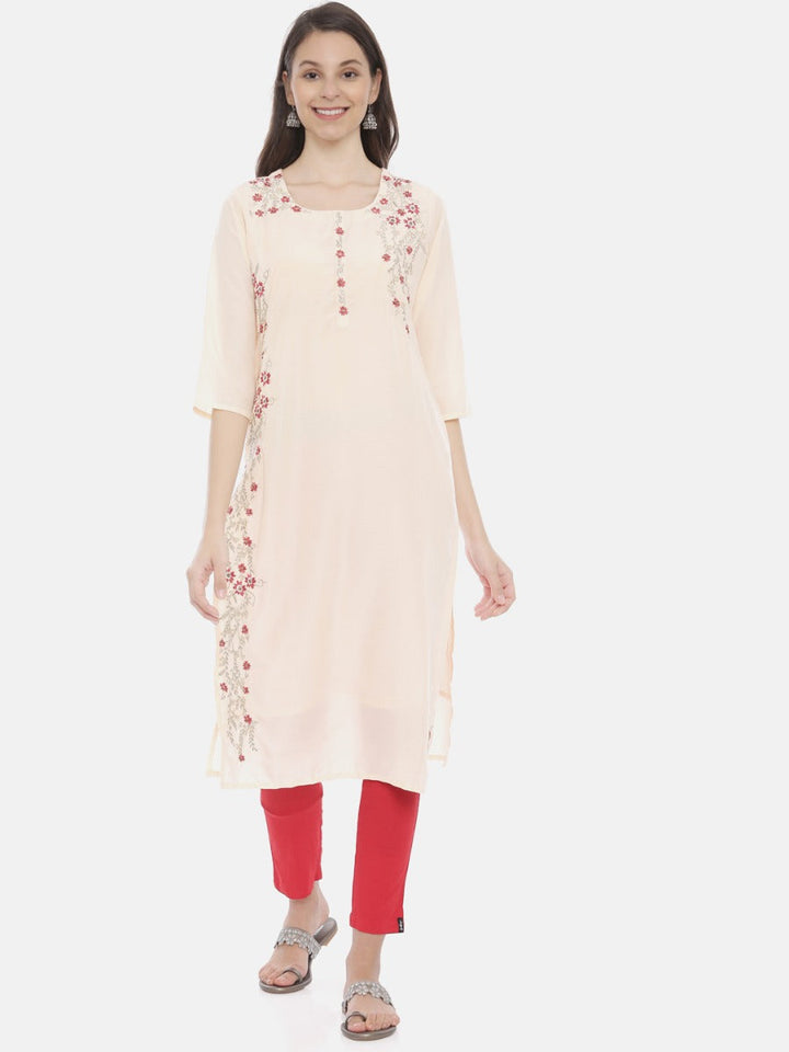 Neerus Orange muslin embroidered straight kurta - front view