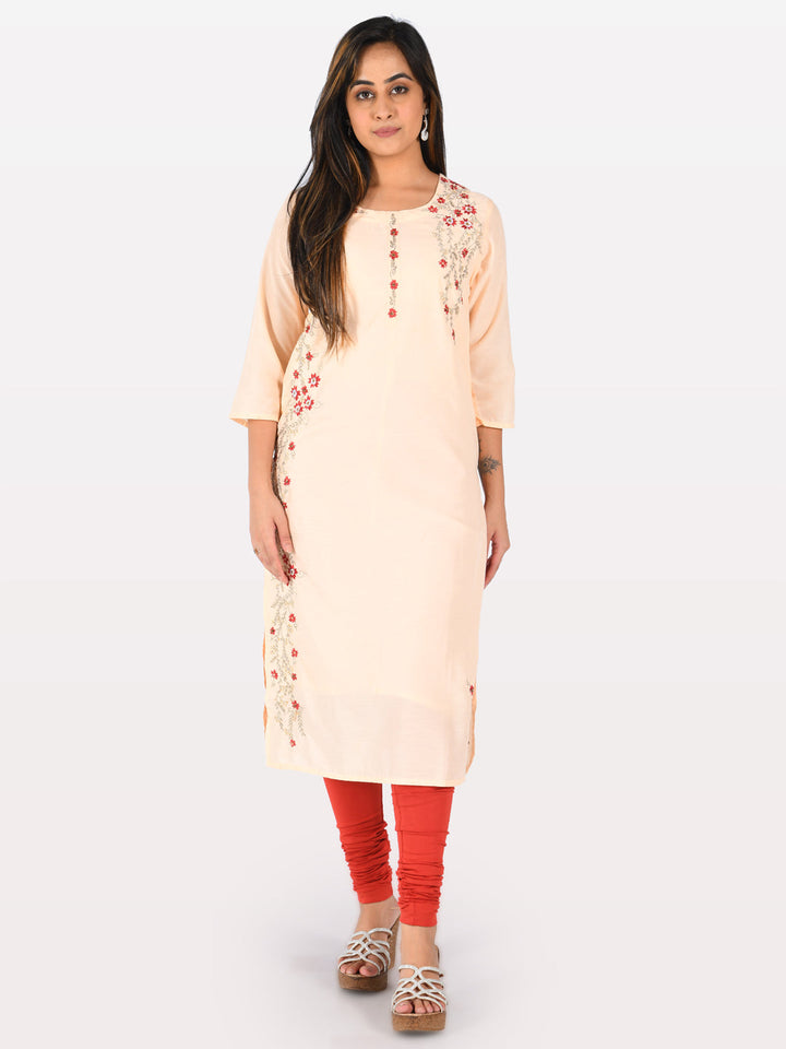 Neerus Orange muslin embroidered straight kurta - detail view 4