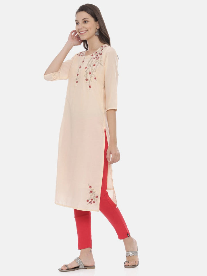 Neerus Orange muslin embroidered straight kurta - side view