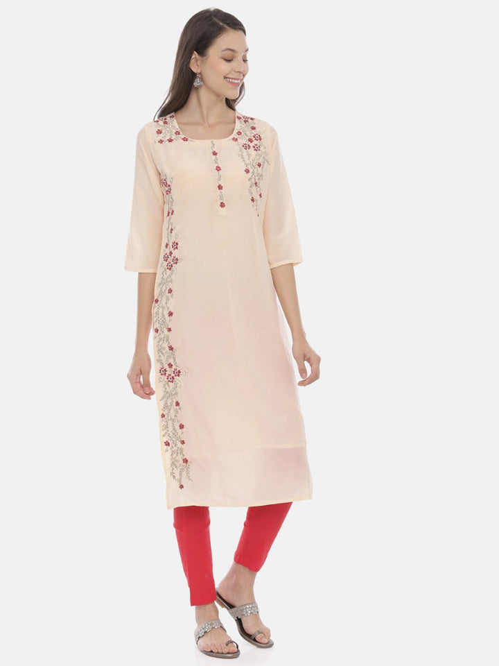 Neerus Orange muslin embroidered straight kurta - detail view 1