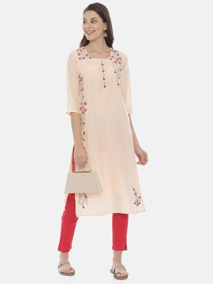 Neerus Orange muslin embroidered straight kurta - detail view 3