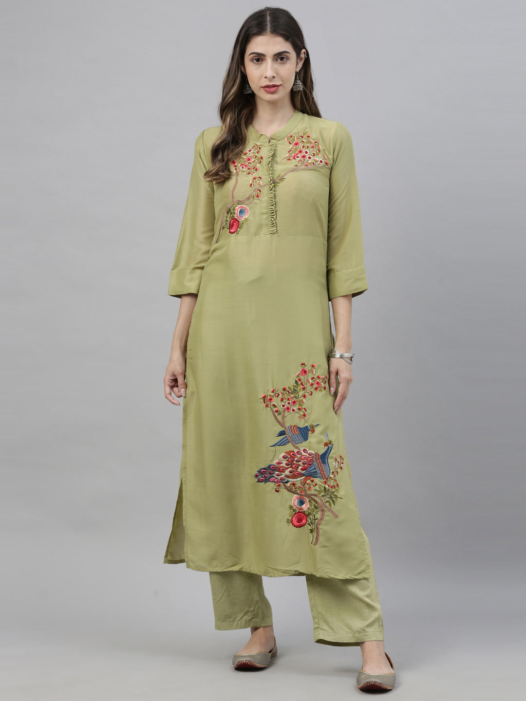 Neerus Green embroidered kurta set with palazzo - front view