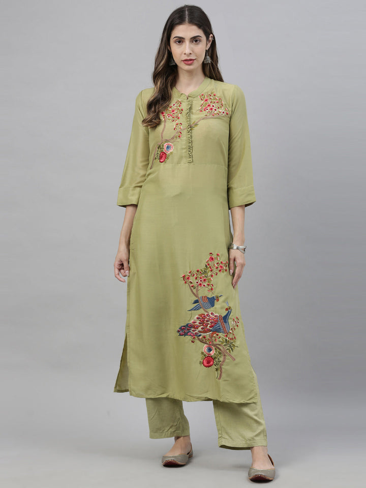Neerus Green embroidered kurta set with palazzo - front view
