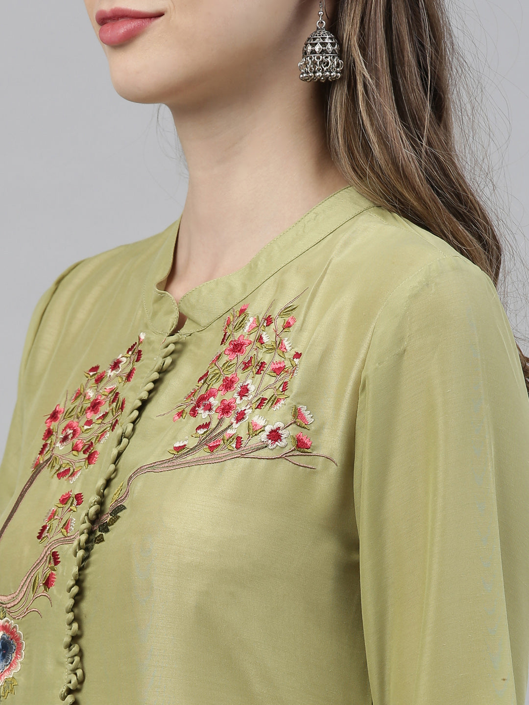 Neerus Green embroidered kurta set with palazzo - side view