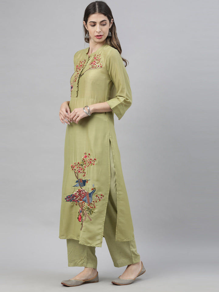 Neerus Green embroidered kurta set with palazzo - detail view 2
