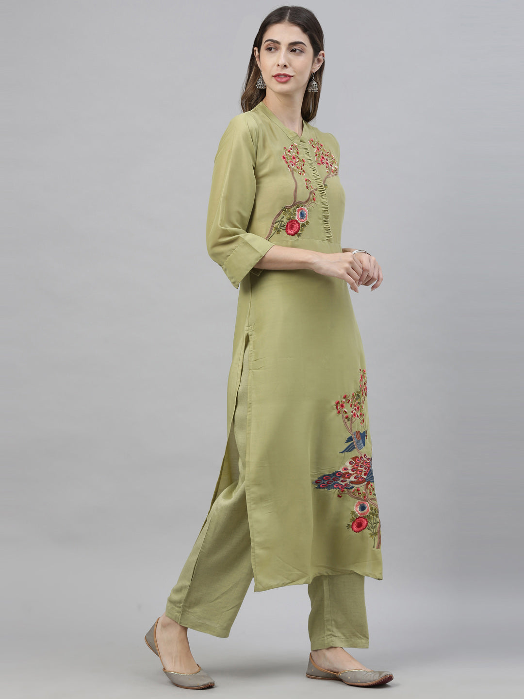 Neerus Green embroidered kurta set with palazzo - detail view 3