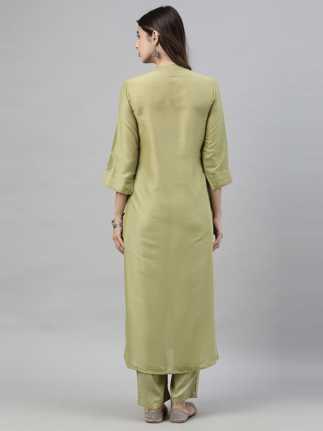 Neerus Green embroidered kurta set with palazzo - detail view 4