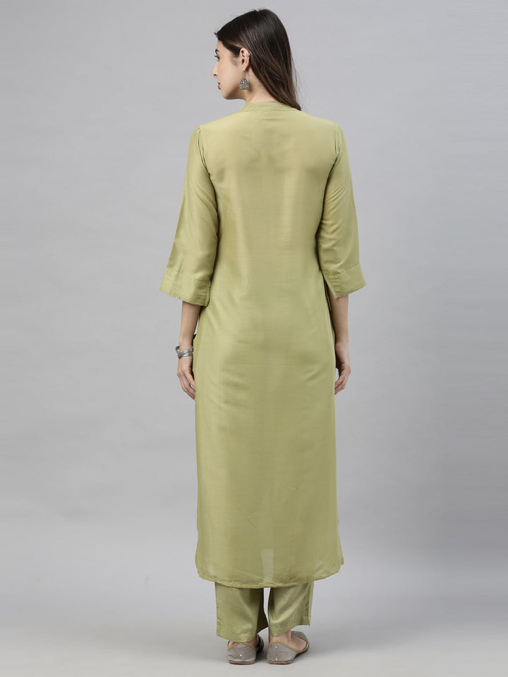 Neerus Green embroidered kurta set with palazzo - detail view 4