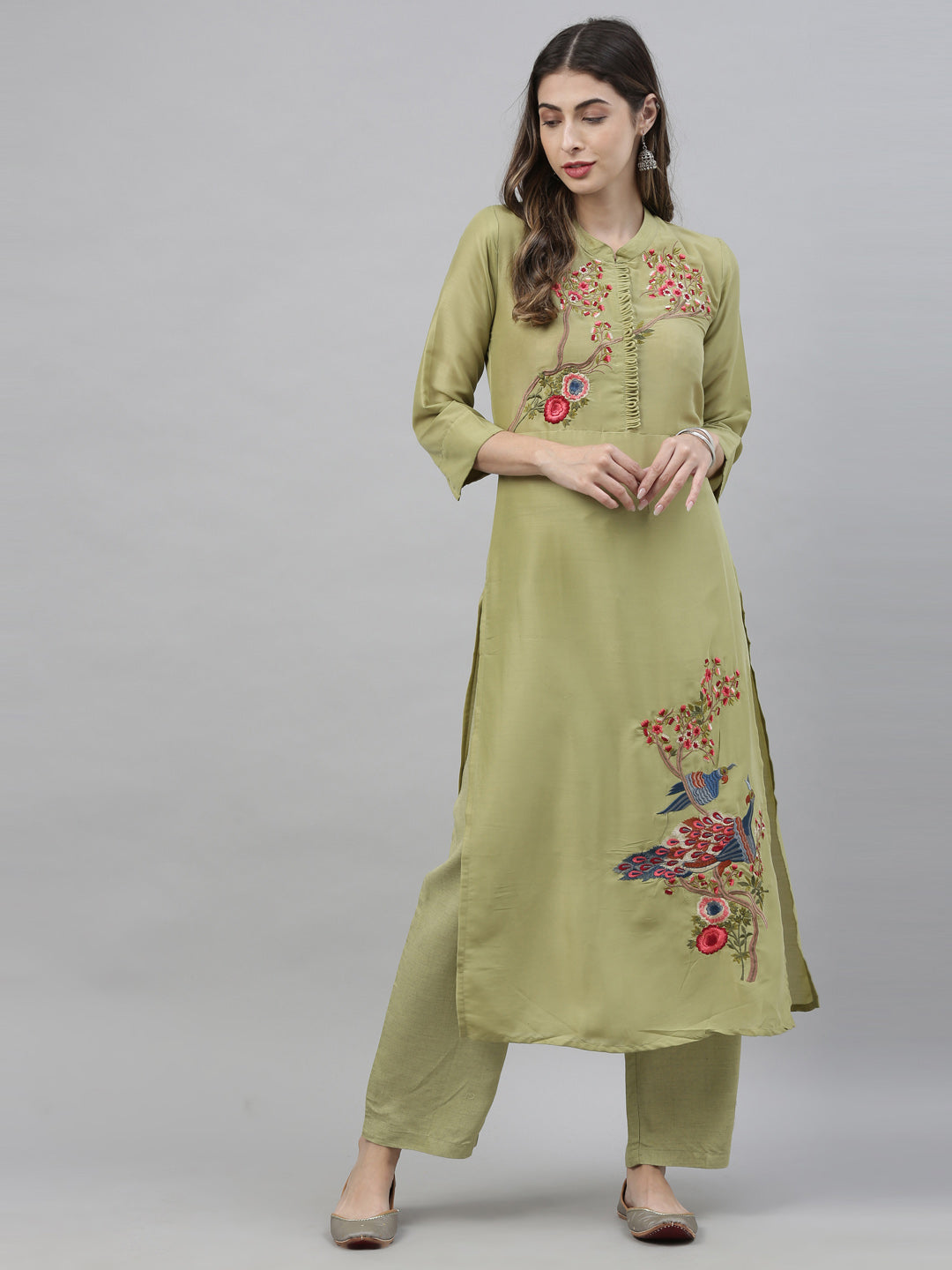 Neerus Green embroidered kurta set with palazzo - detail view 5