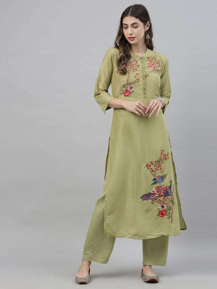 Neerus Green embroidered kurta set with palazzo - detail view 5