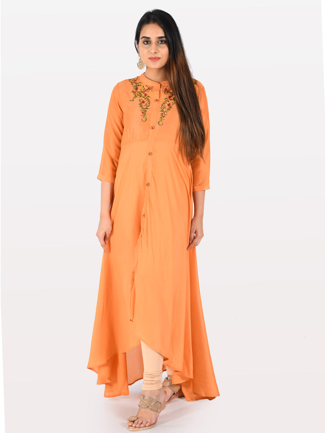 Neerus Orange muslin embroidered A-line kurti - front view