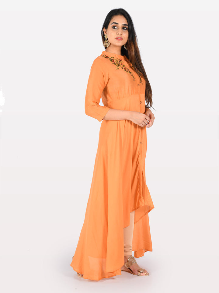 Neerus Orange muslin embroidered A-line kurti - back view