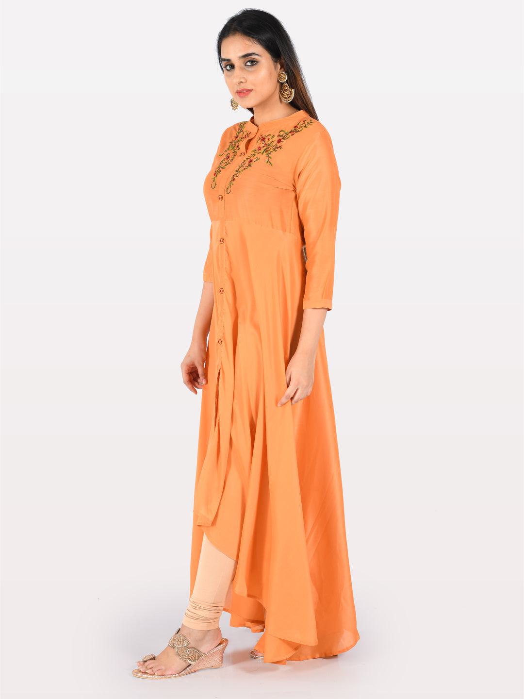 Neerus Orange muslin embroidered A-line kurti - side view