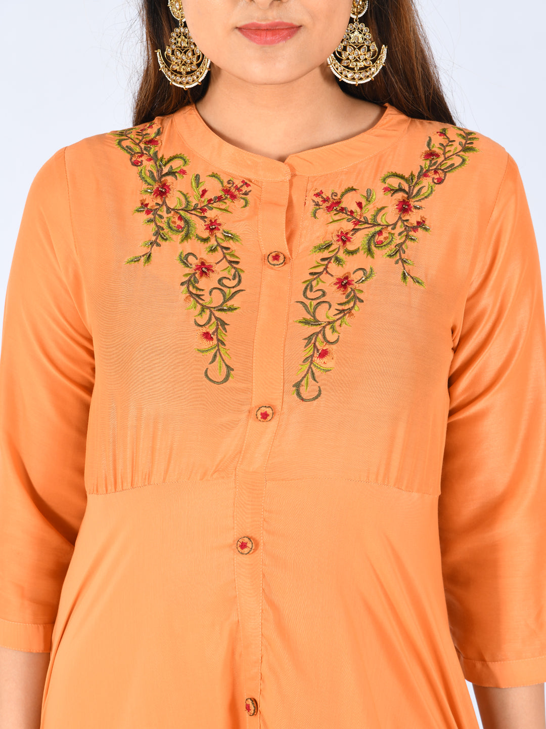 Neerus Orange muslin embroidered A-line kurti - detail view 2