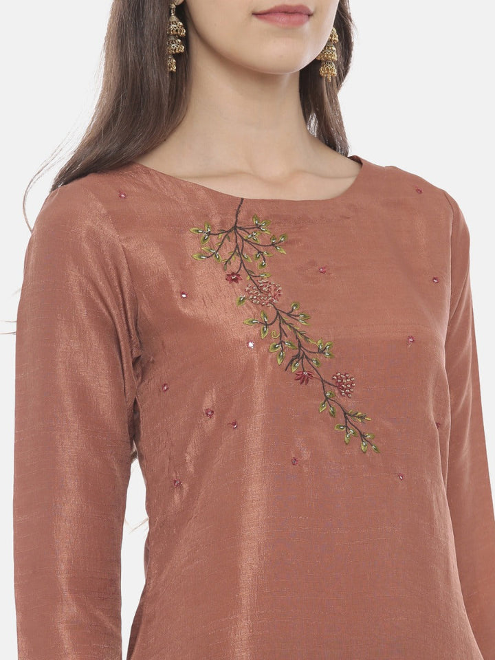 Neerus Brown silk embroidered kurta set - back view