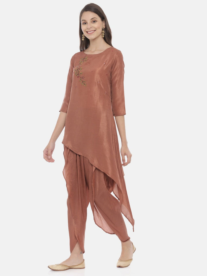 Neerus Brown silk embroidered kurta set - side view
