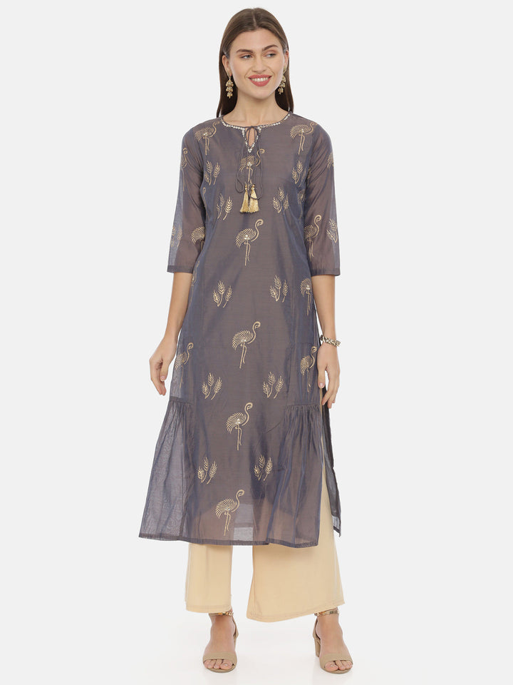 Neerus Grey printed straight kurta - front view
