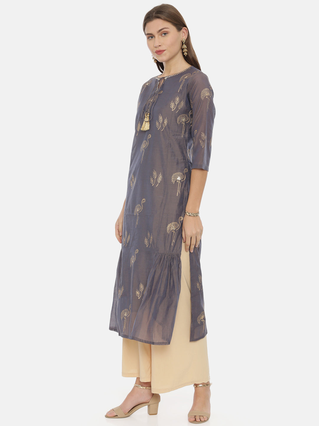 Neerus Grey printed straight kurta - side view