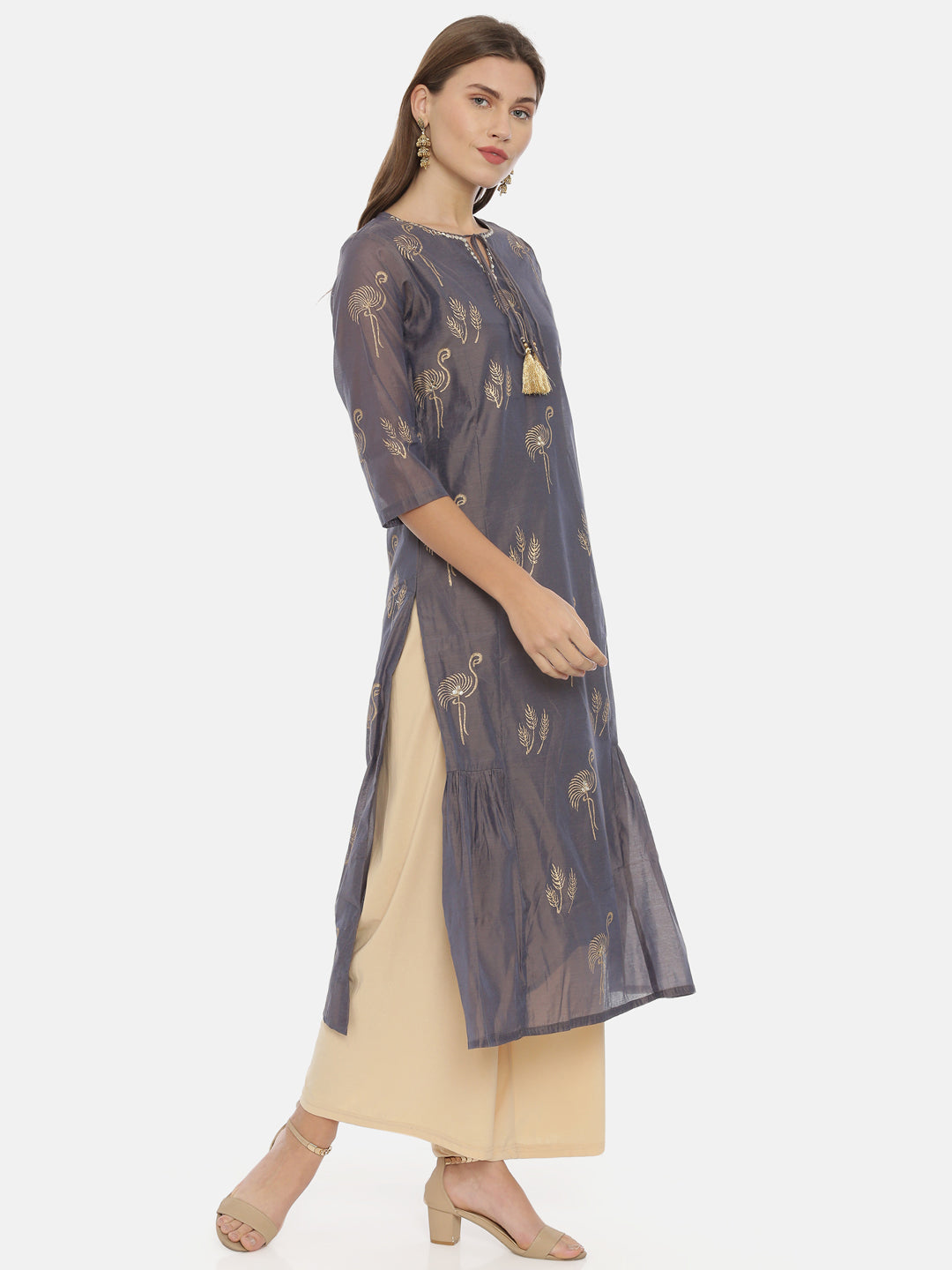 Neerus Grey printed straight kurta - detail view 1