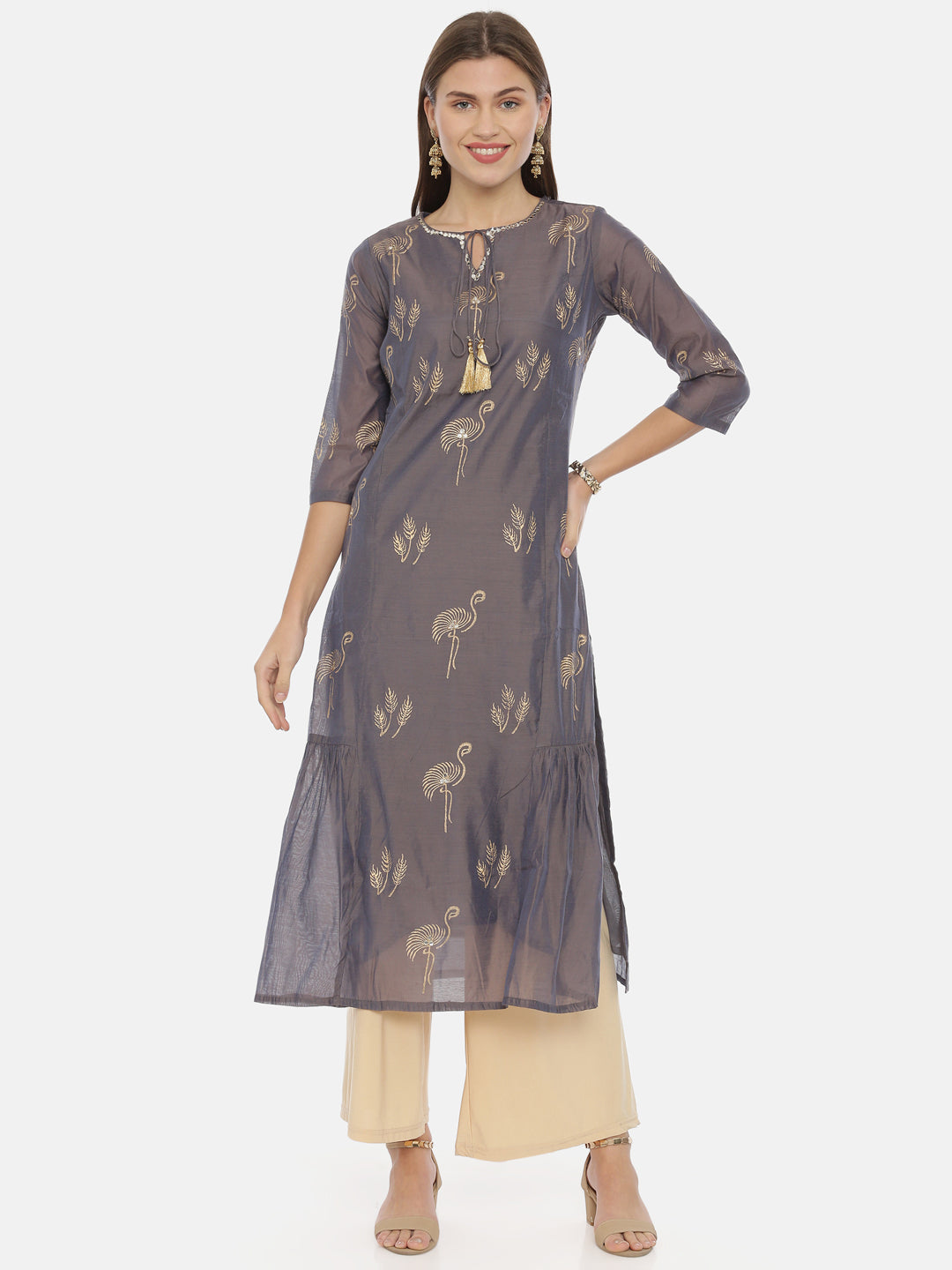 Neerus Grey printed straight kurta - detail view 3