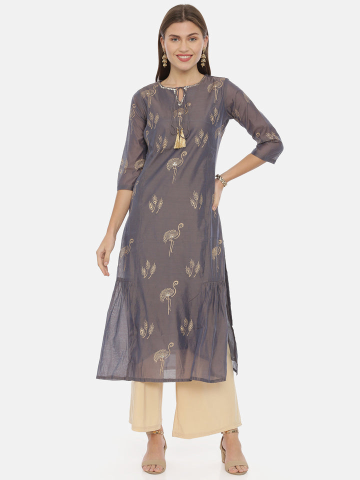 Neerus Grey printed straight kurta - detail view 3