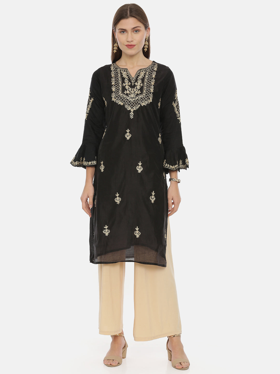 Neerus Black viscose rayon embroidered straight kurti - front view