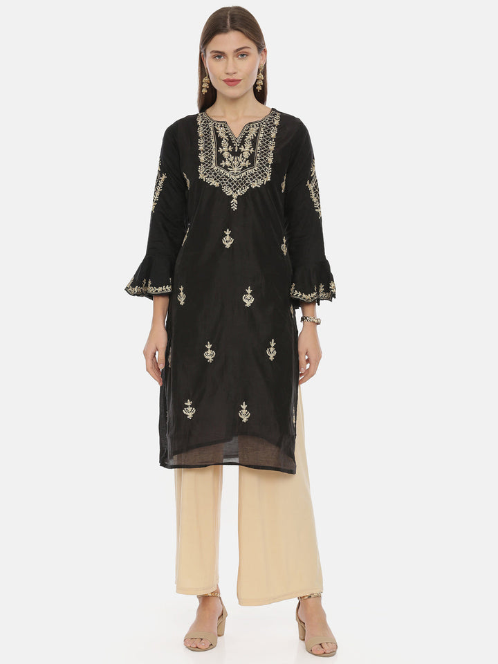 Neerus Black viscose rayon embroidered straight kurti - front view