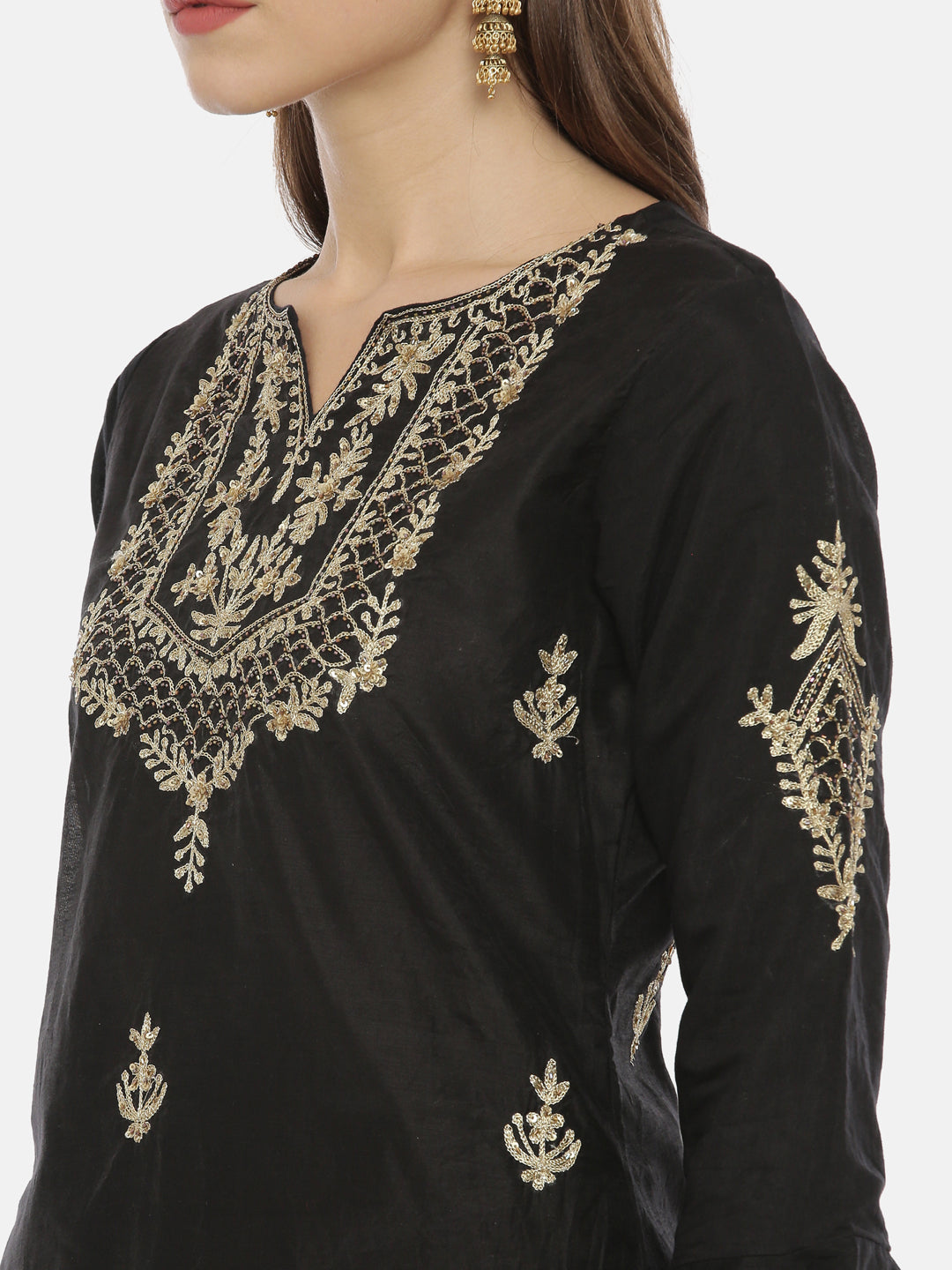 Neerus Black viscose rayon embroidered straight kurti - back view
