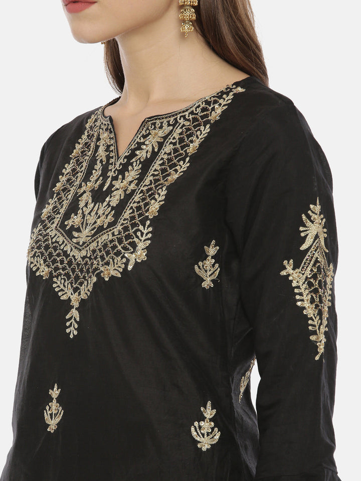 Neerus Black viscose rayon embroidered straight kurti - back view