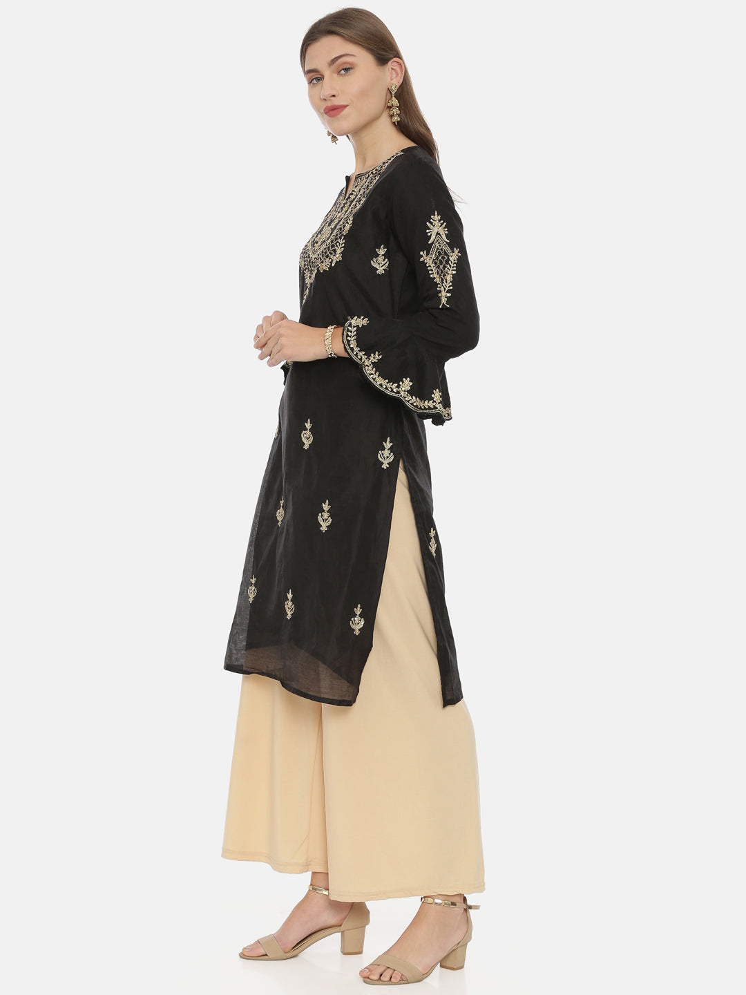 Neerus Black viscose rayon embroidered straight kurti - side view