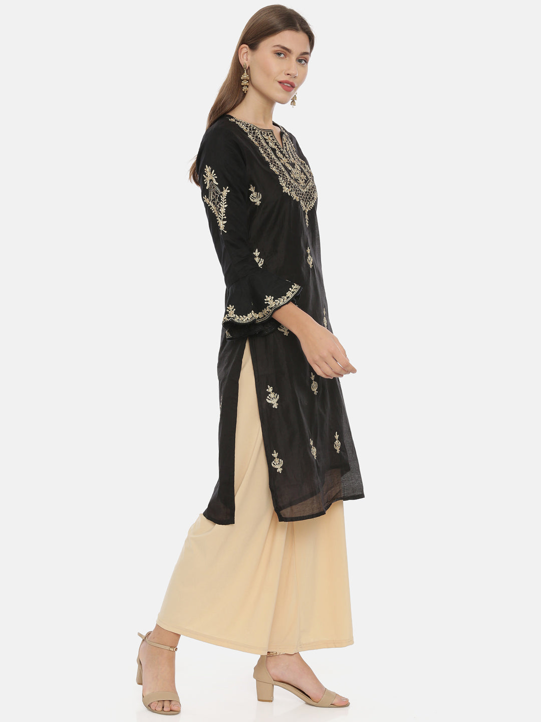 Neerus Black viscose rayon embroidered straight kurti - detail view 1