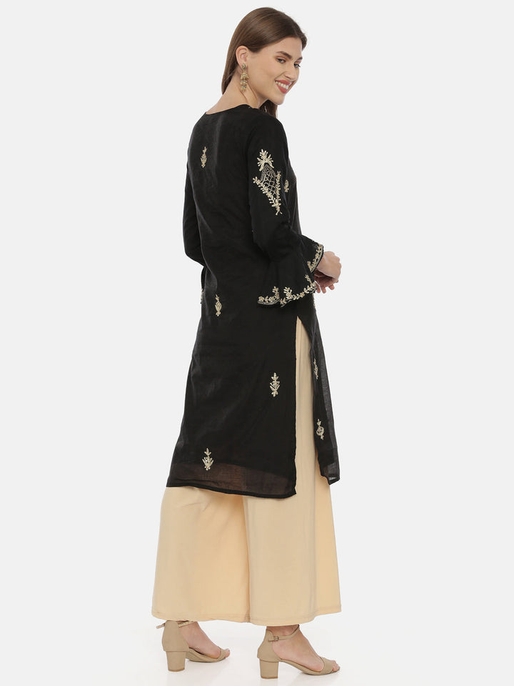 Neerus Black viscose rayon embroidered straight kurti - detail view 2