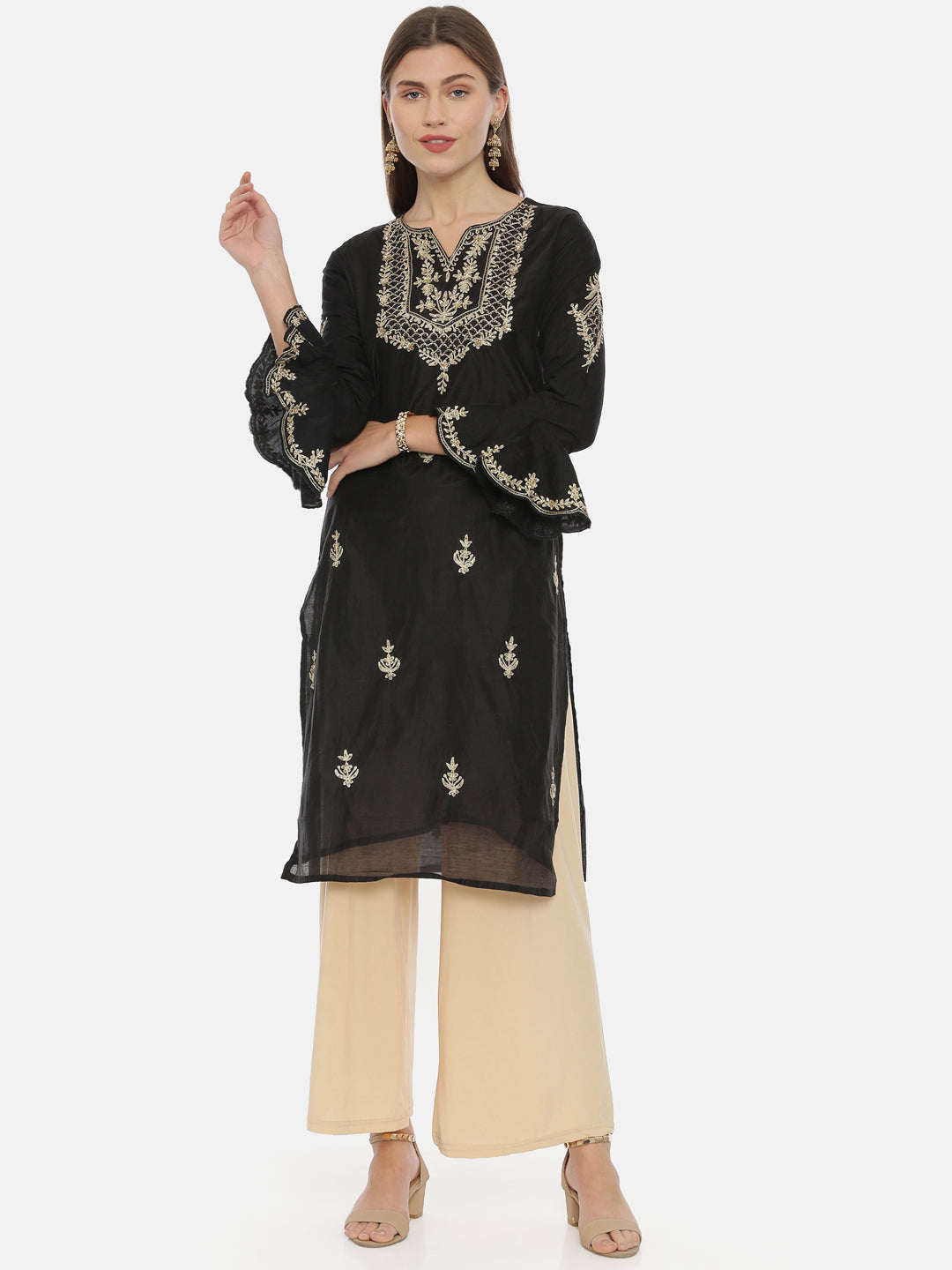 Neerus Black viscose rayon embroidered straight kurti - detail view 3