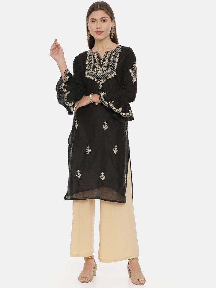 Neerus Black viscose rayon embroidered straight kurti - detail view 3