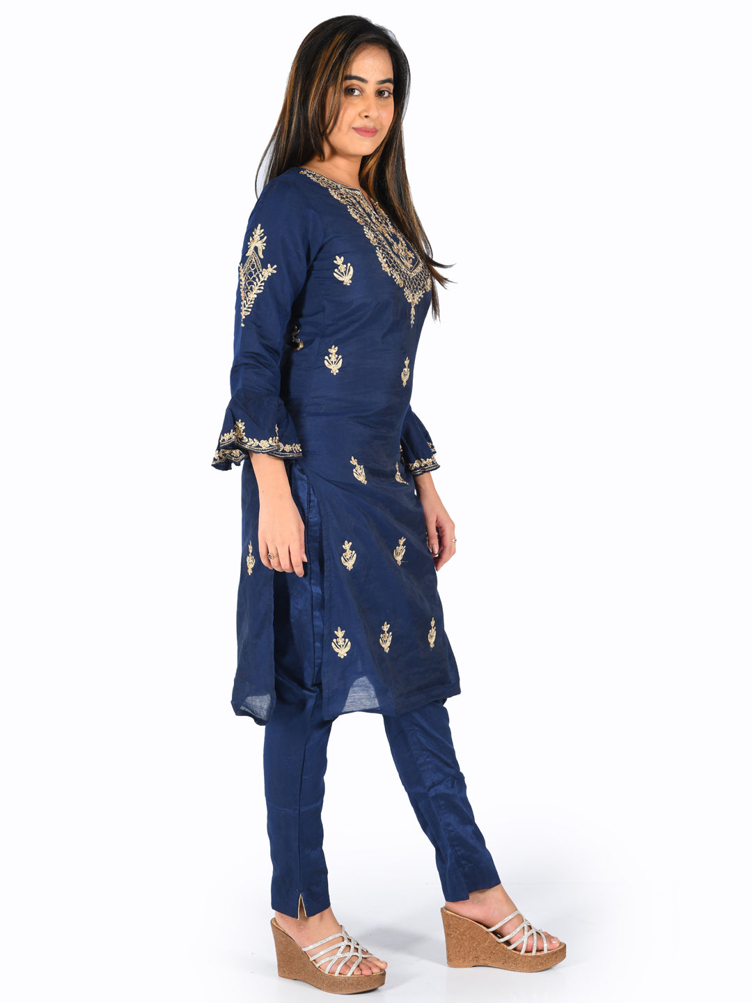 Neerus Blue embroidered straight kurta - front view