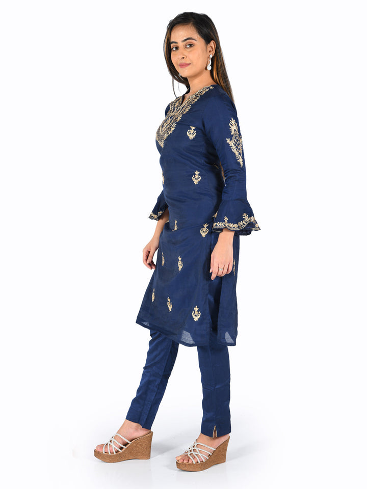 Neerus Blue embroidered straight kurta - back view