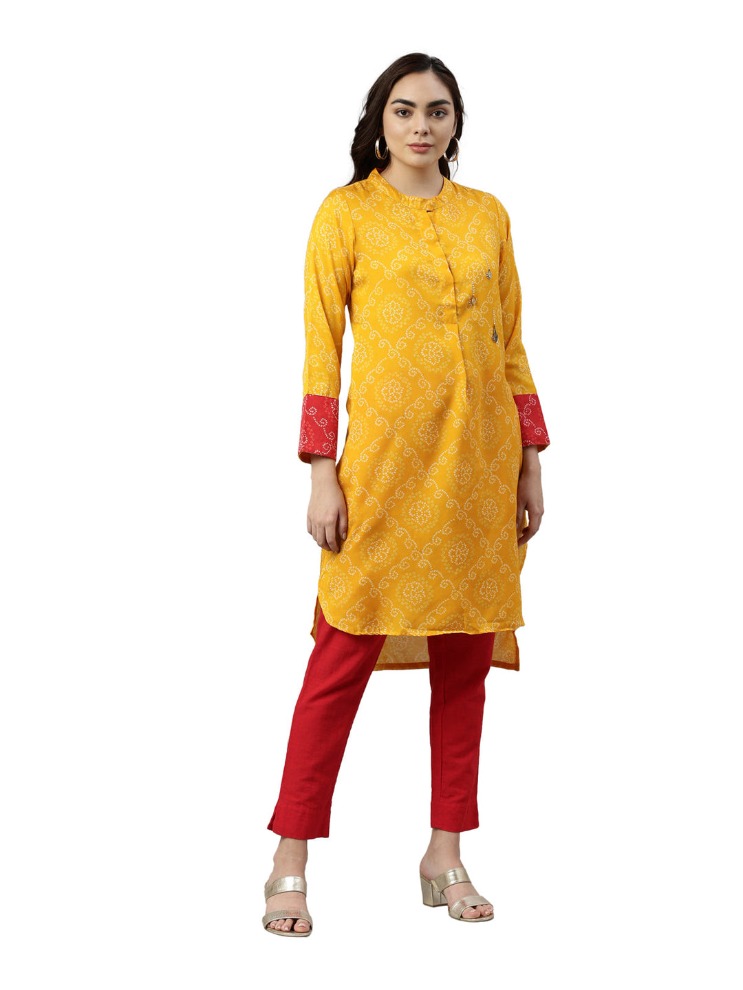 Neerus Yellow muslin solid kurta - front view